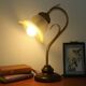 French vintage gold coloured metal & wood table lamp decorative glass shade