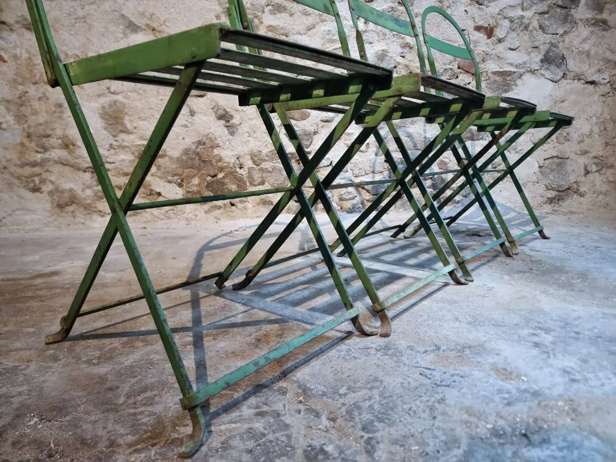 Set of 4 Antique Iron Folding Garden Chairs - 1920s Riveted Bistro Chairs with Aged Green Patina
