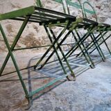 Set of 4 Antique Iron Folding Garden Chairs - 1920s Riveted Bistro Chairs with Aged Green Patina