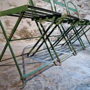 Set of 4 Antique Iron Folding Garden Chairs - 1920s Riveted Bistro Chairs with Aged Green Patina
