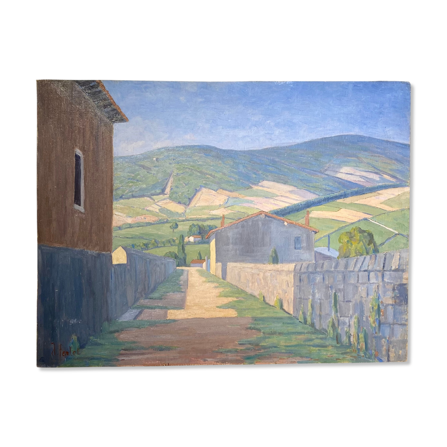 Old painting, landscape Monts du Lyonnais, signed, mid-twentieth century