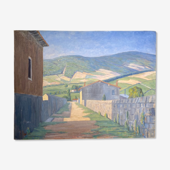 Old painting, landscape Monts du Lyonnais, signed, mid-twentieth century
