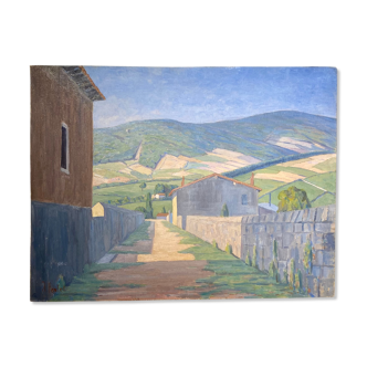 Old painting, landscape Monts du Lyonnais, signed, mid-twentieth century