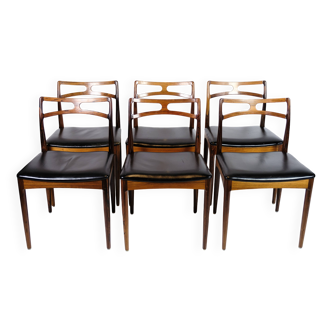 Set of 6 Dining Chairs Model 94 Made In Rosewood With Black Leather Seat By Johannes Andersen