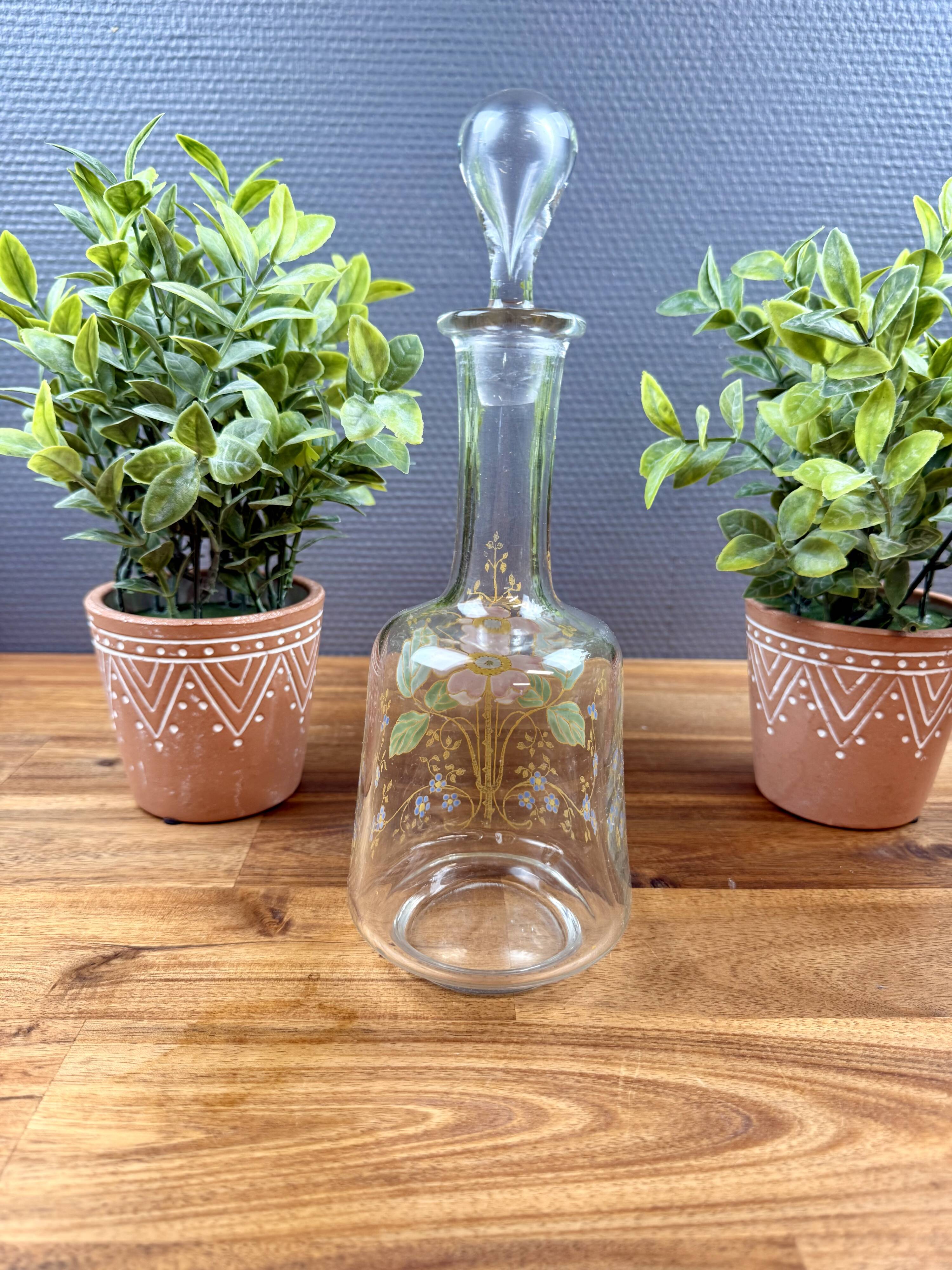 Glass carafe with enamel floral decoration and stopper – vintage