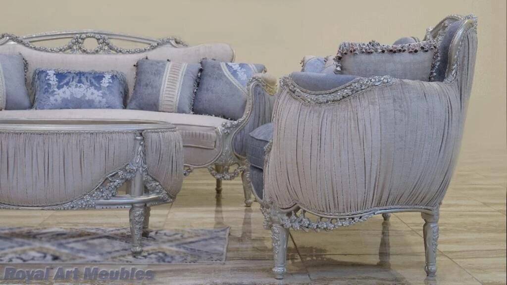 Complete Louis XV Light Blue Living Room Set – Carved Wood and Luxurious Upholstery