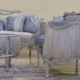Complete Louis XV Light Blue Living Room Set – Carved Wood and Luxurious Upholstery