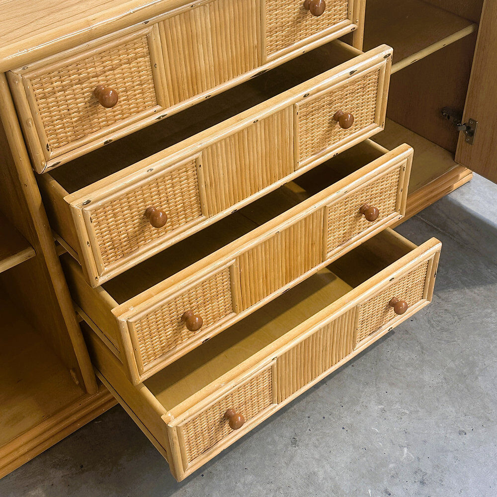 Large coastal rattan and bamboo sideboard credenza, 1980s