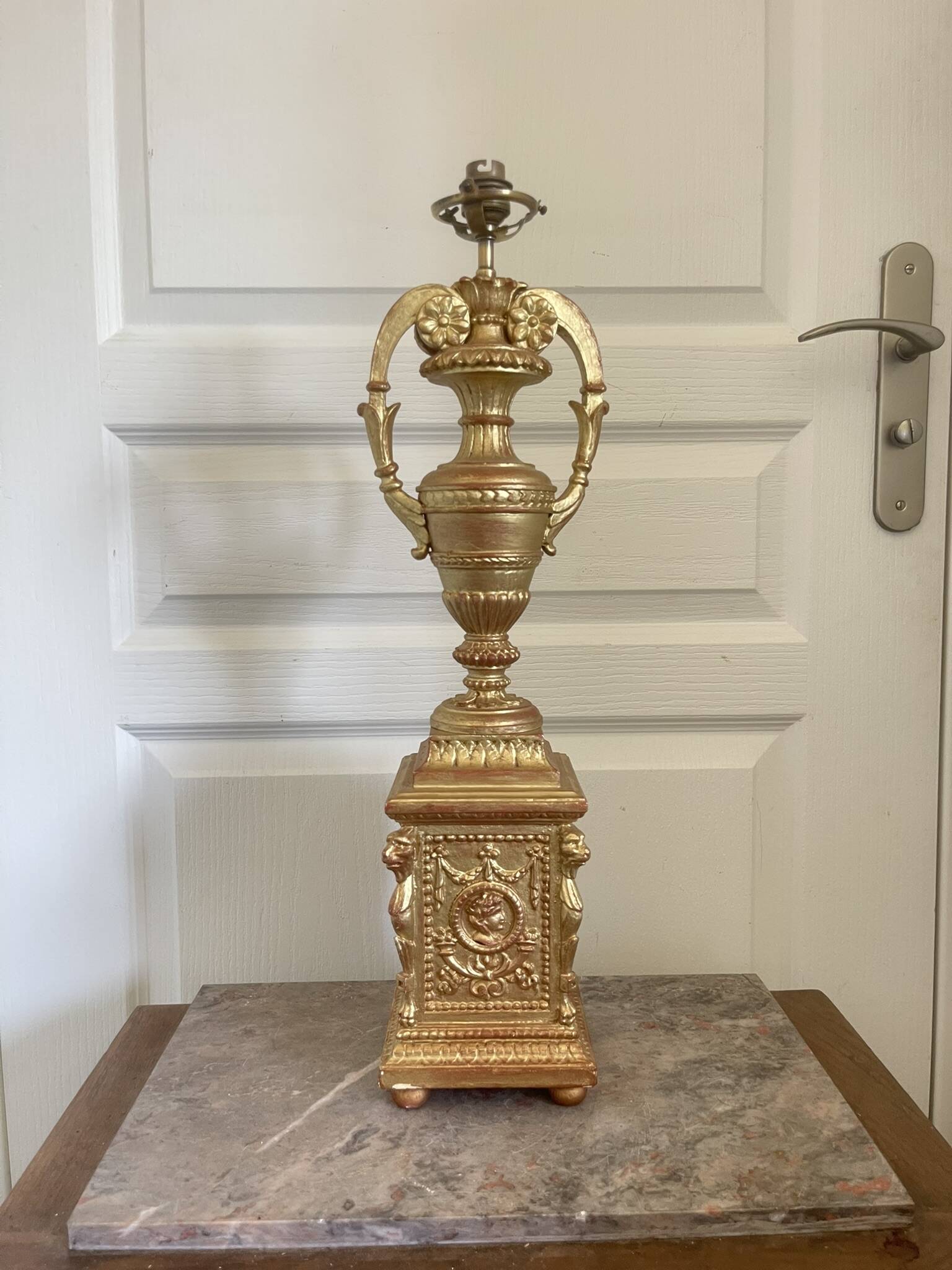 Antique Large Cassolette Lamp Empire Greek Roman Gilded Wood 19th Century 60