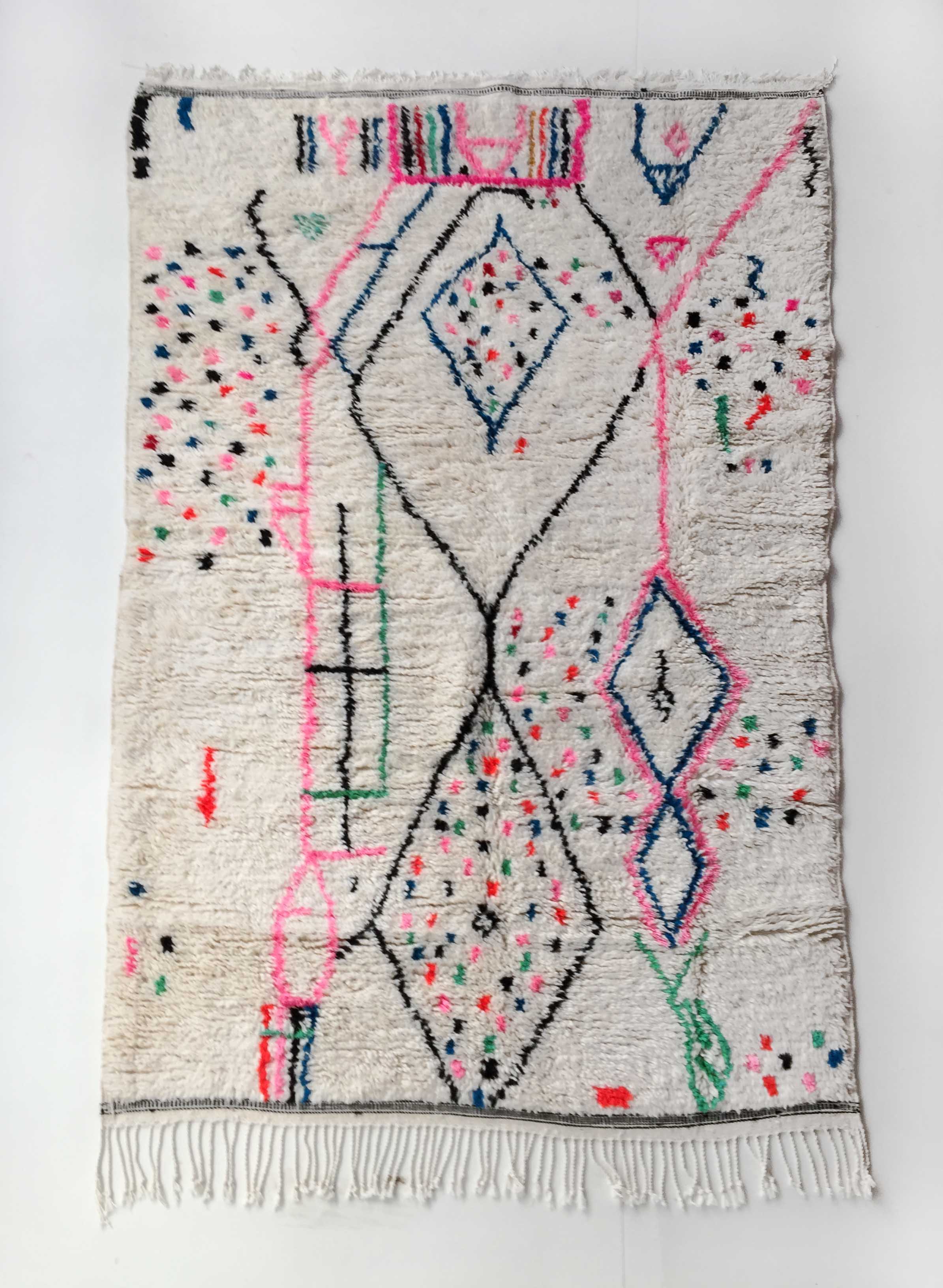 Moroccan Berber carpet Azilal ecru with colorful patterns 250x146cm