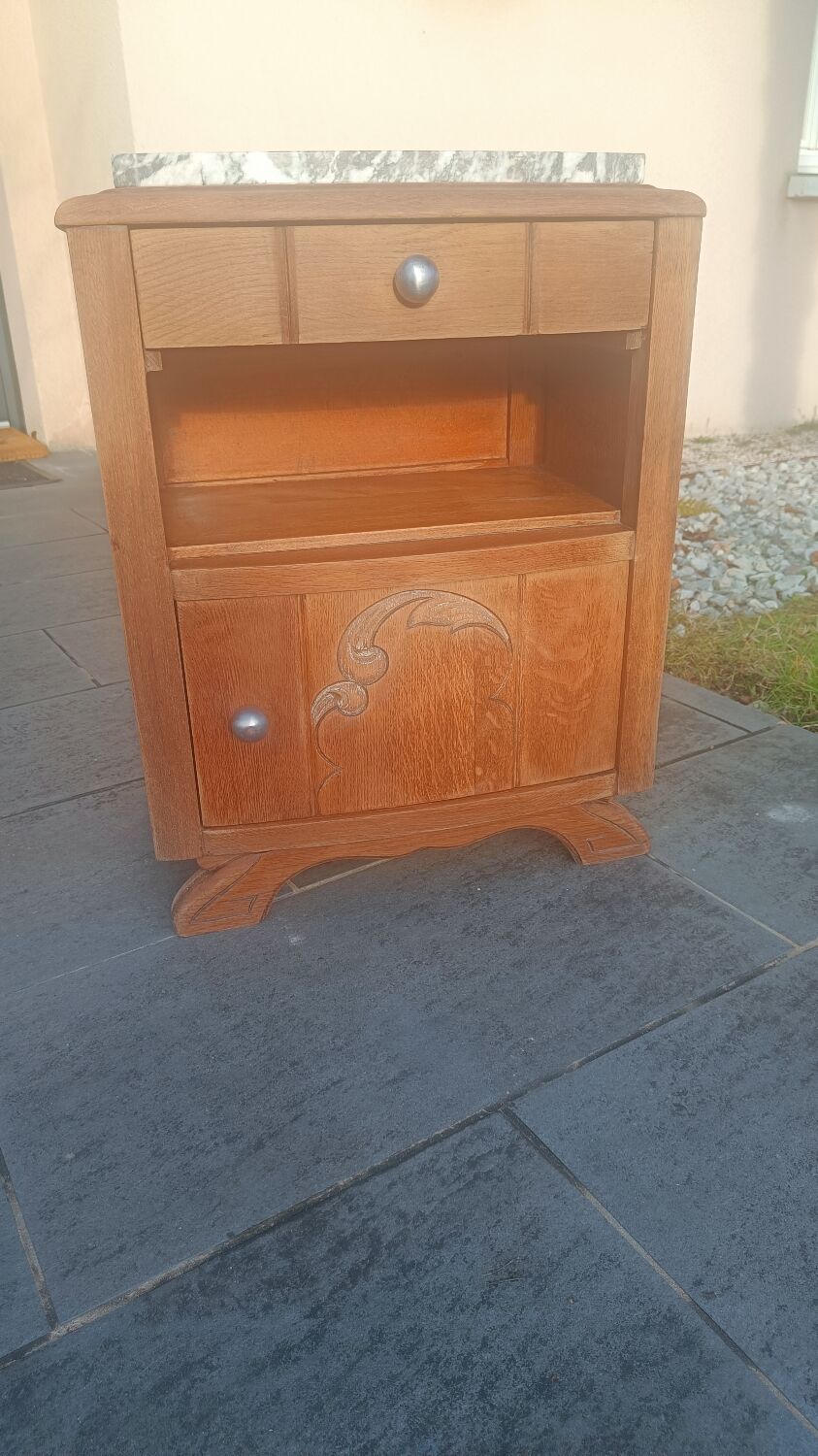 Solid oak bedside table with marble
