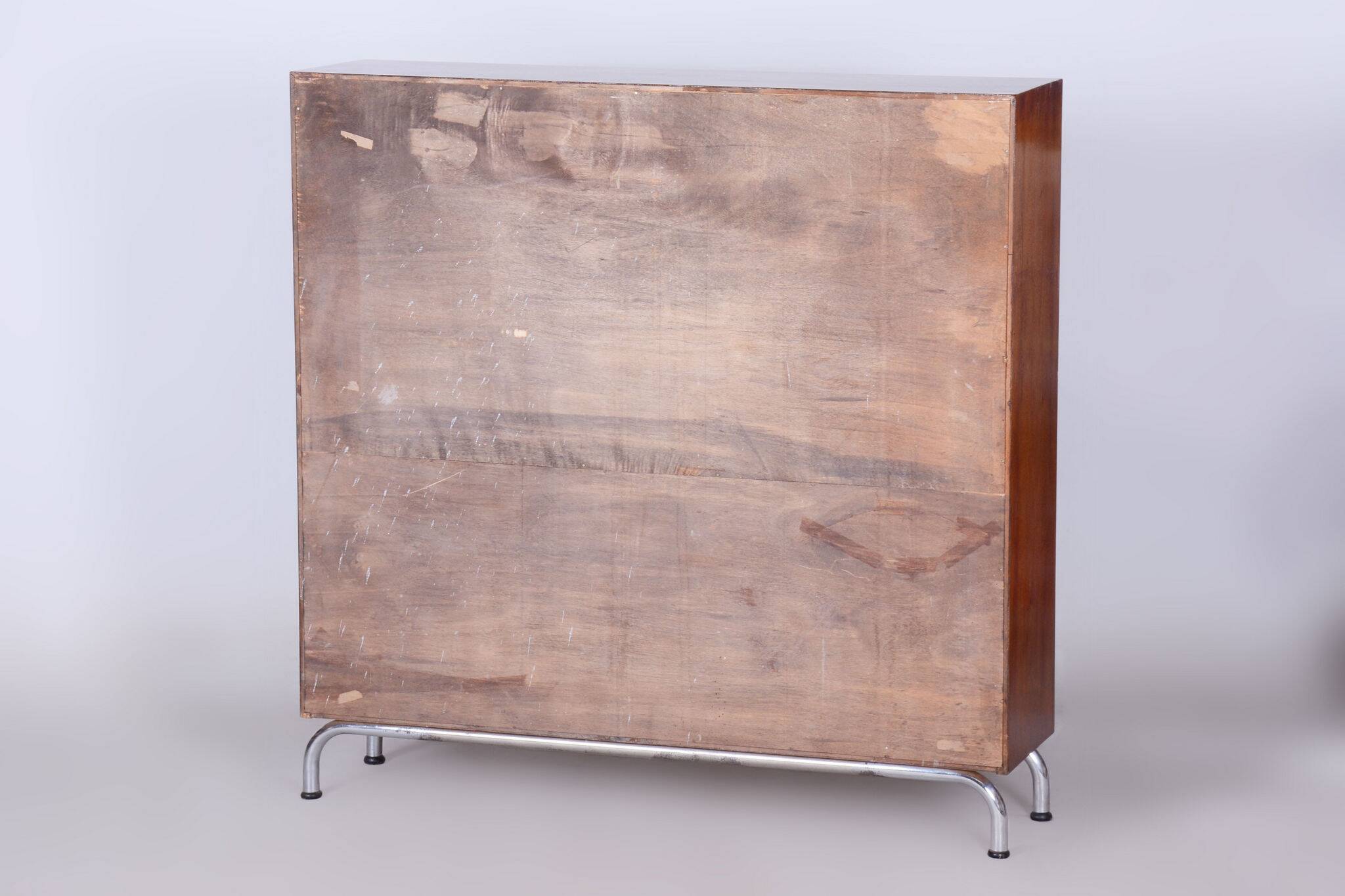 Restored Bauhaus Bookcase, Robert Slezák, Walnut and Chrome Plated Steel, 1930s