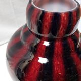 Large vintage blown glass ball vase with red and midnight blue flamed decor
