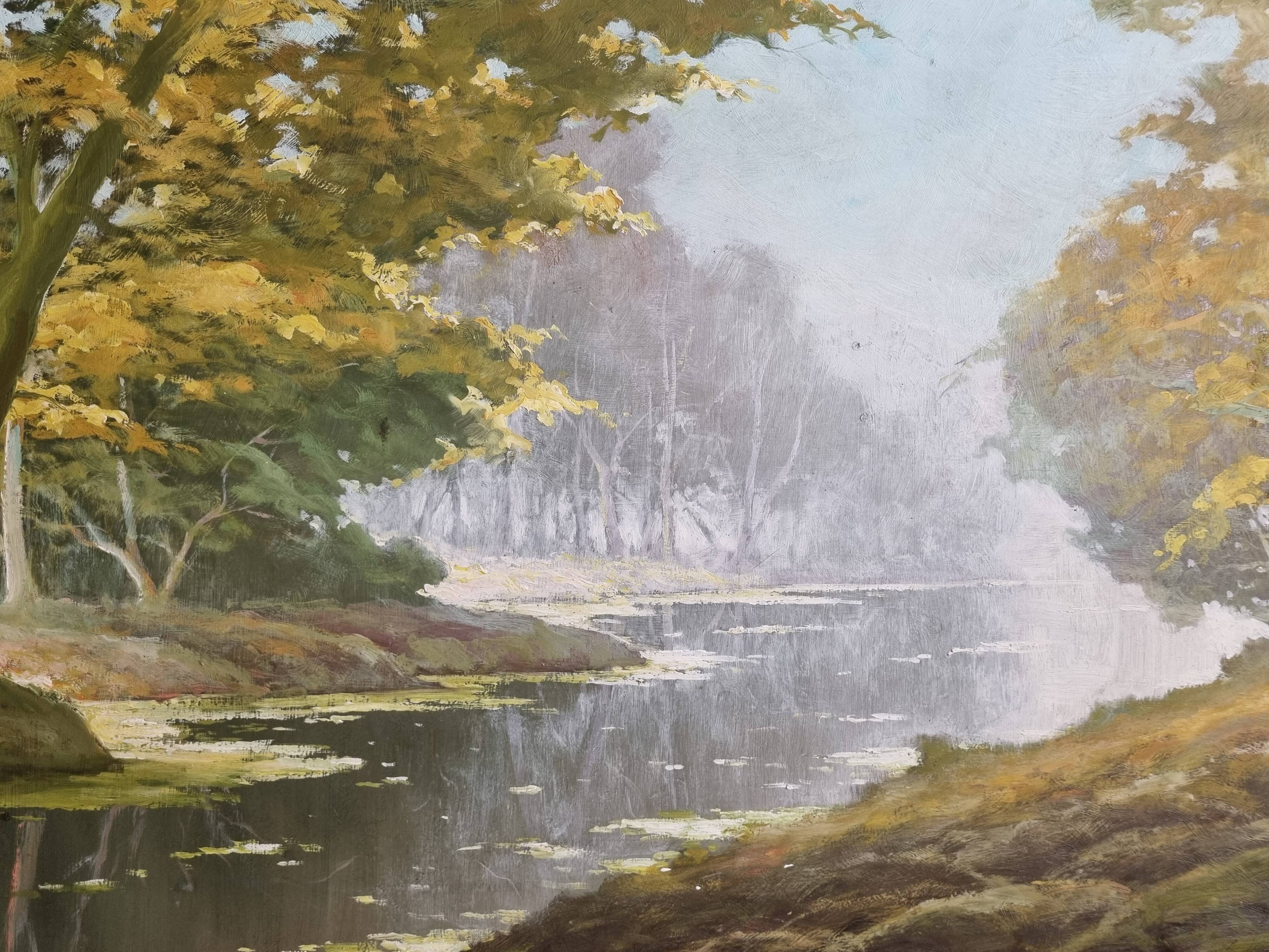 Oil on panel signed by Maurice Leuleu Autumn landscape 104x54 cm framed