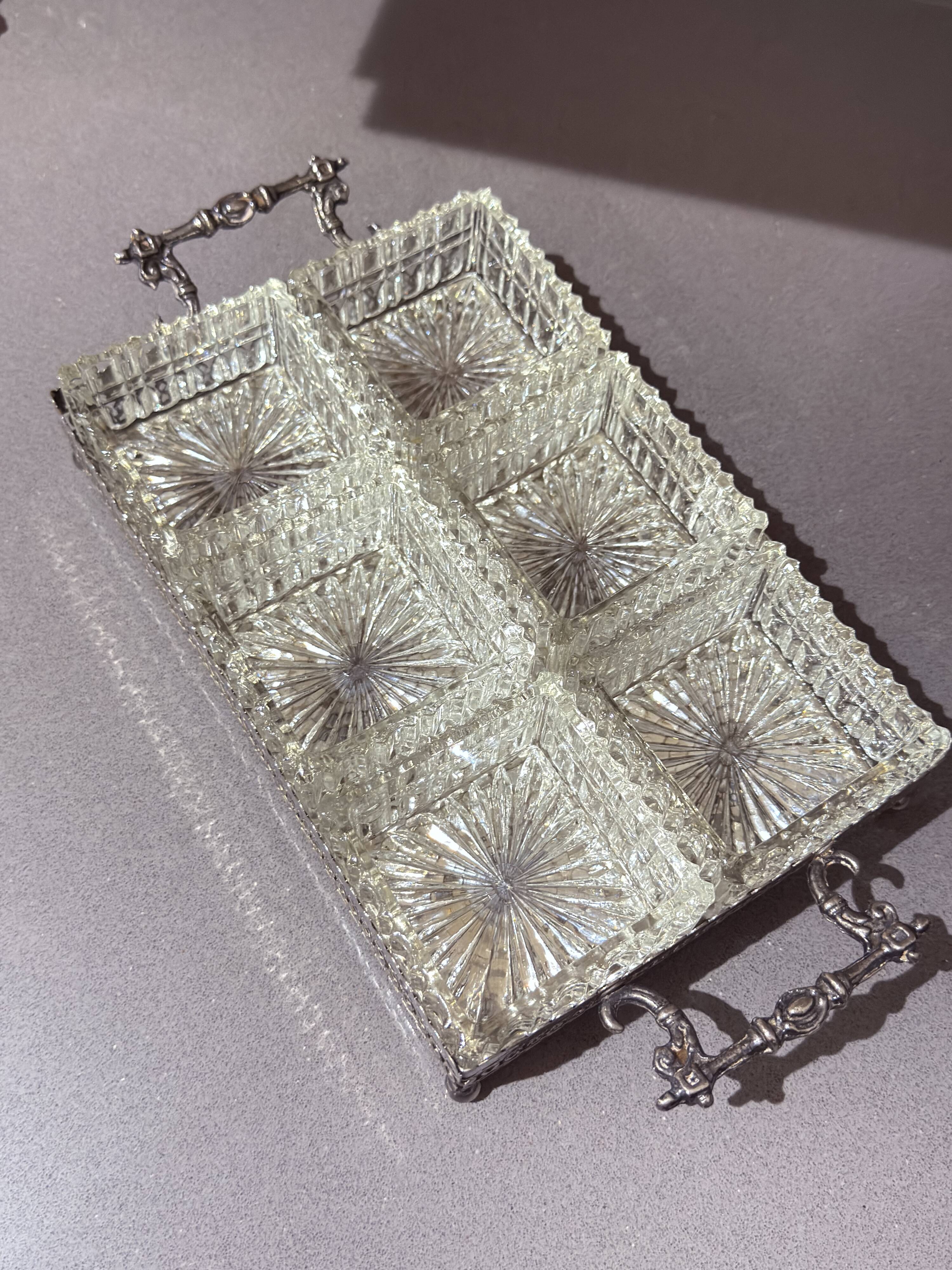 Silver-Plated Tray with Six Cut Glass Dishes, Vintage Entertaining Set