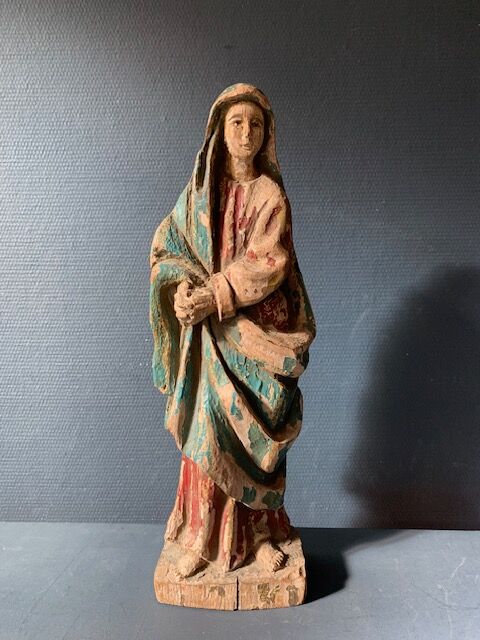 Old Virgin Mary sculpture in polychrome wood, 18th century