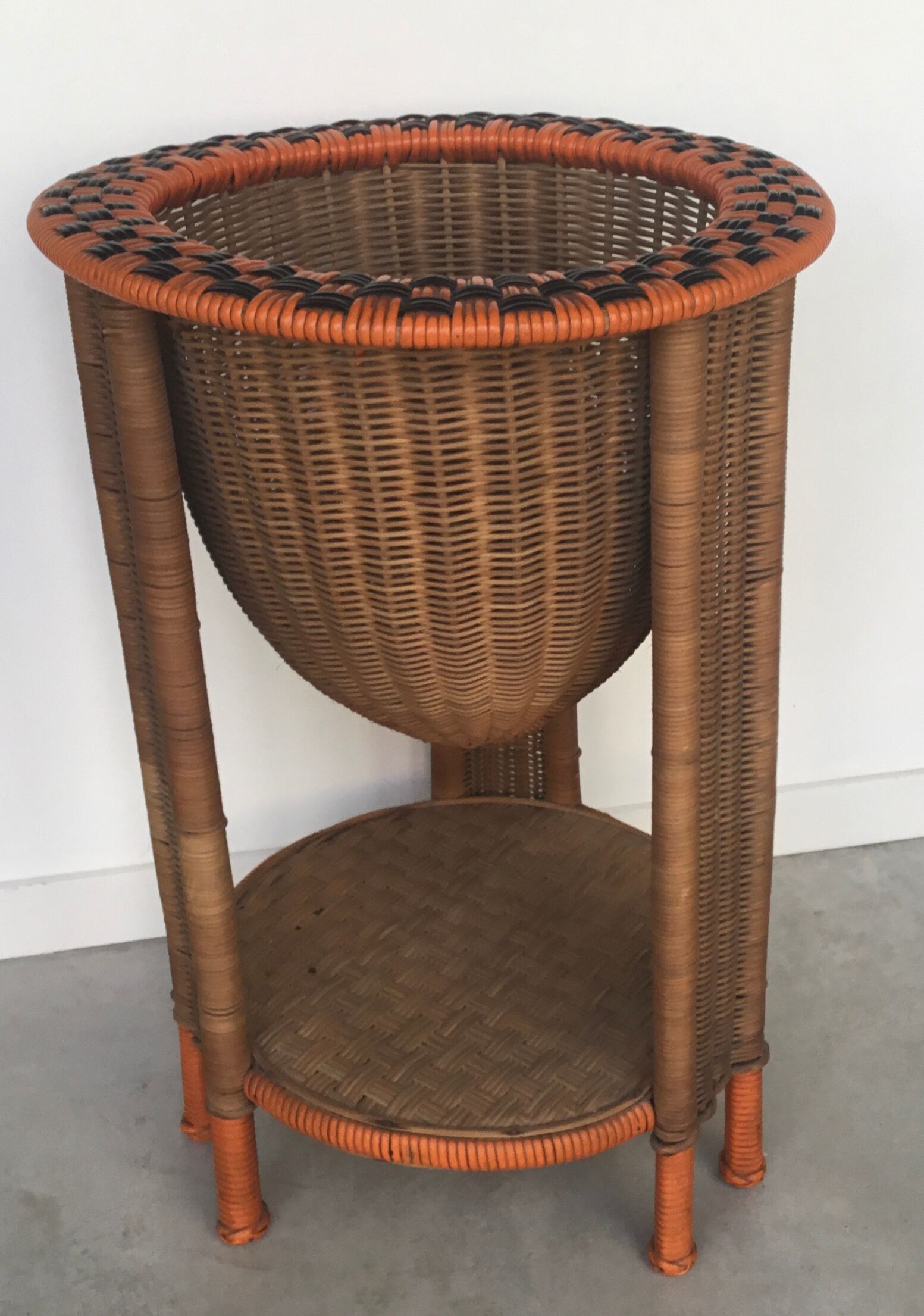 Rattan tripod sewing basket 1960