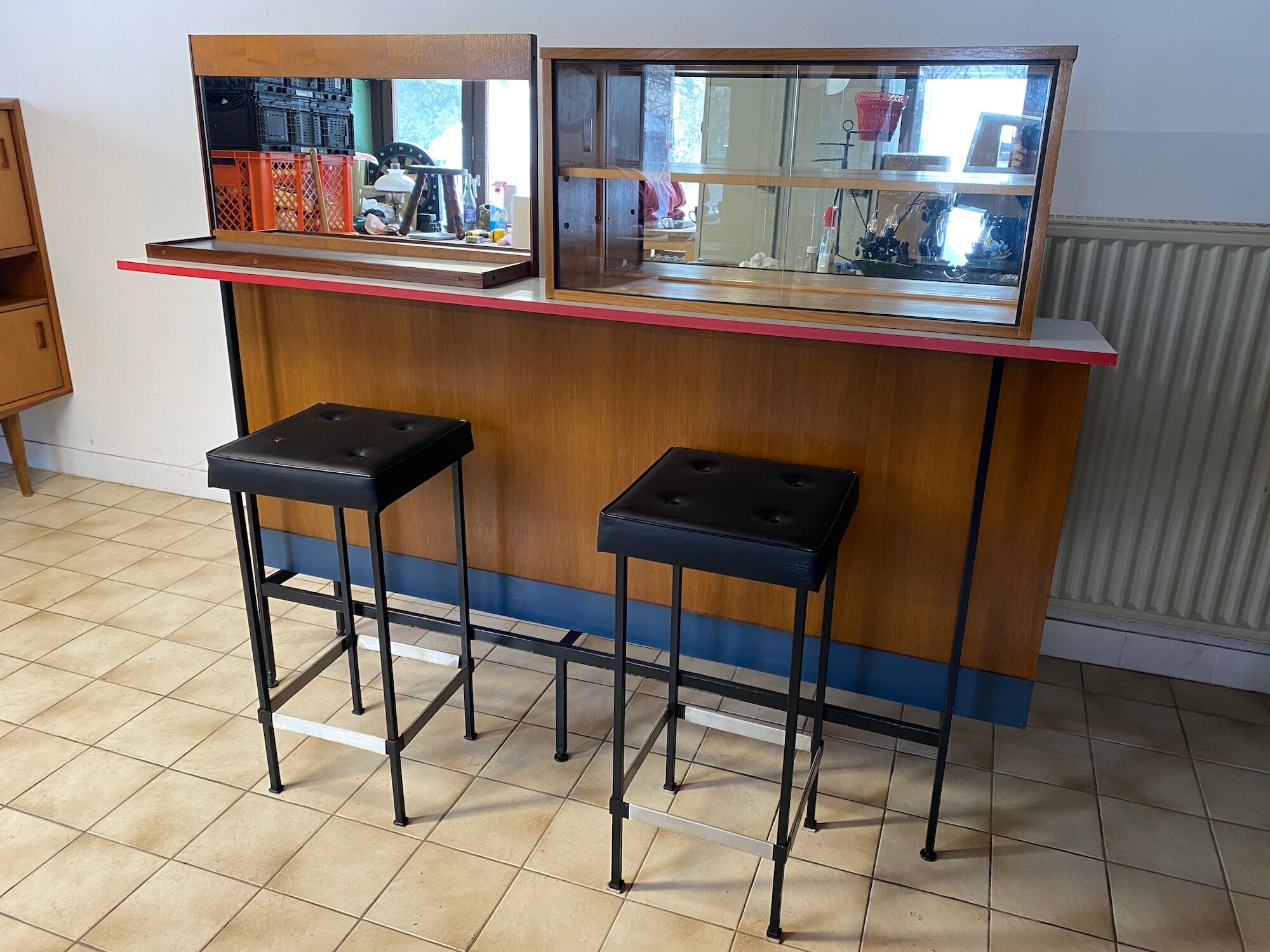 Vintage teak and formica bar with stool