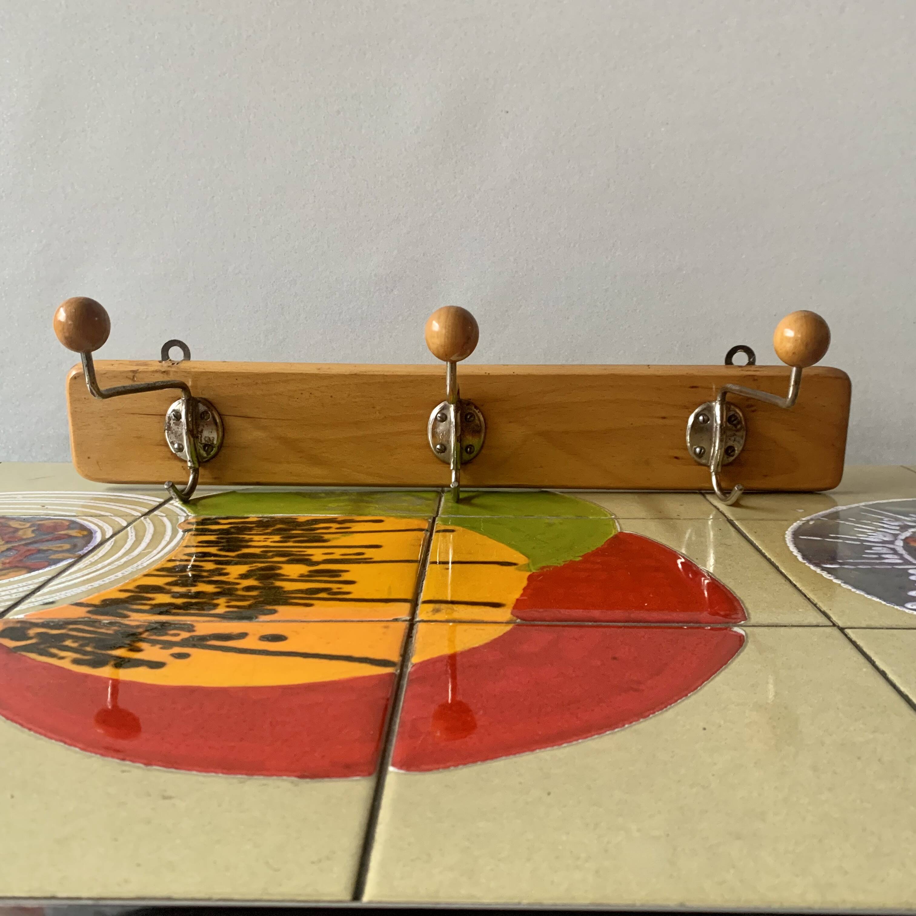 Vintage wooden wall coat rack - triple ball hook