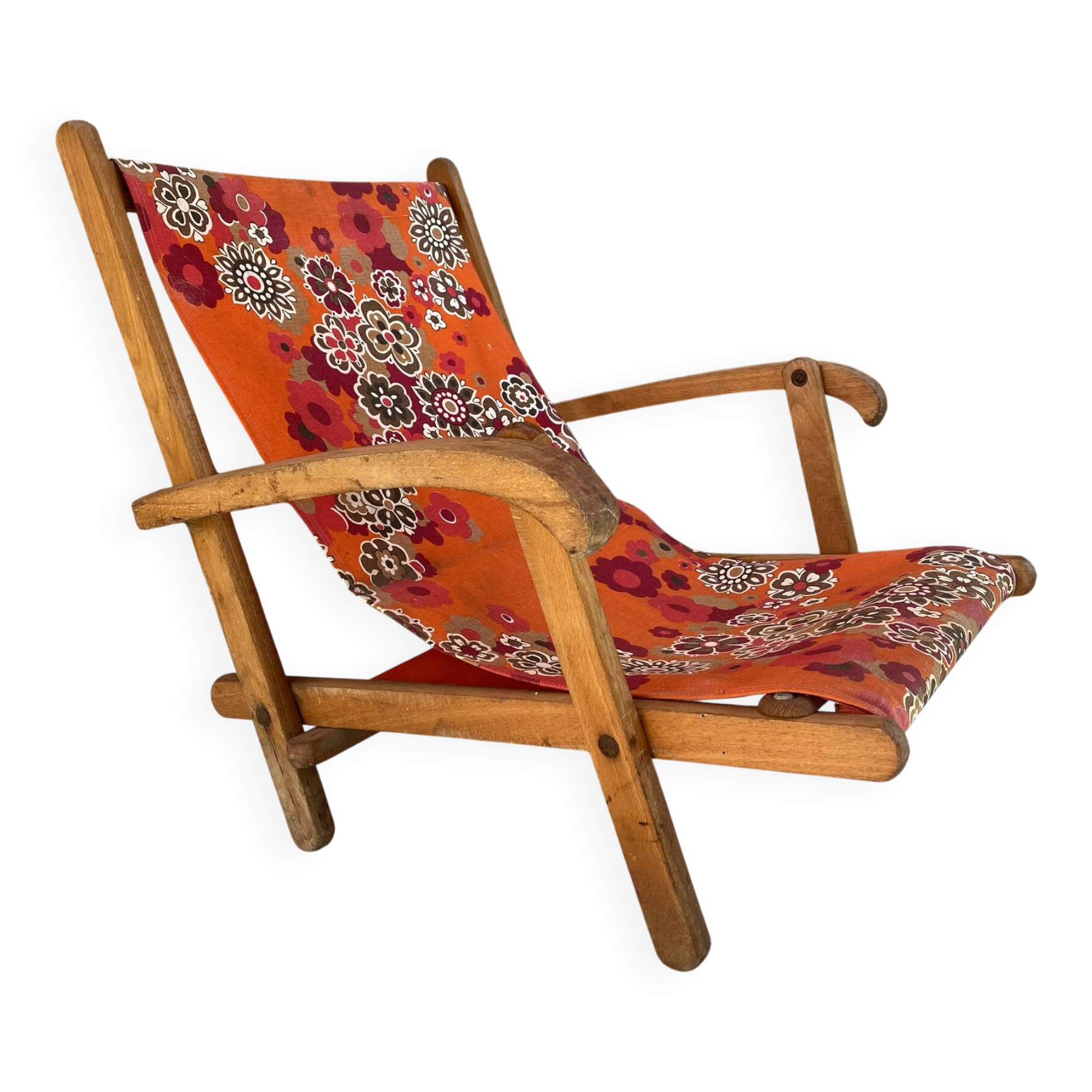 Vintage beach or garden chair made of wood and floral fabric, 1970s.
