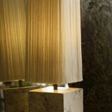 Beige marble stucco base, Houles white ecru fringed lampshade.
