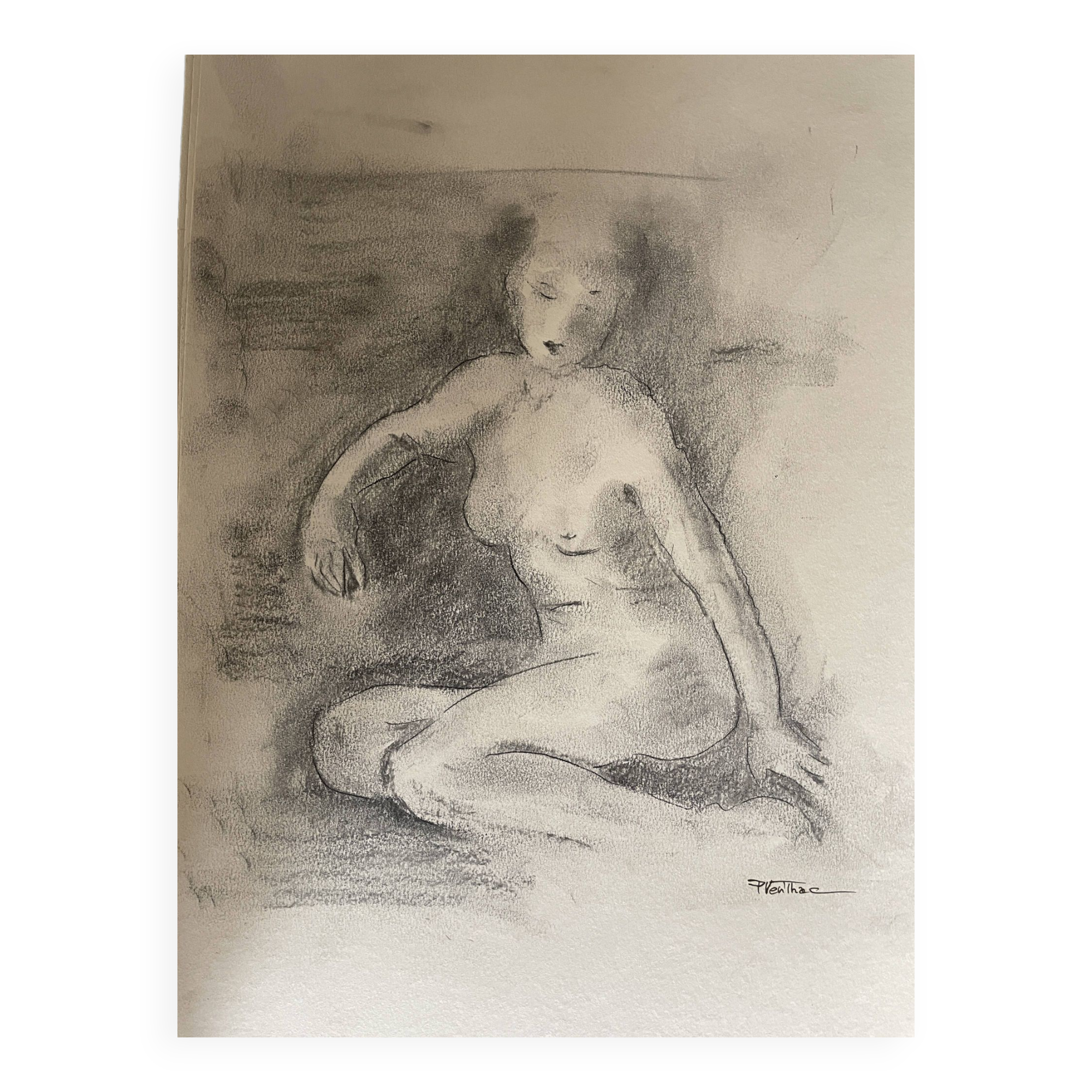 Signed female nude charcoal painting