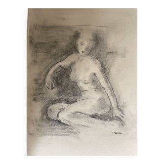 Signed female nude charcoal painting