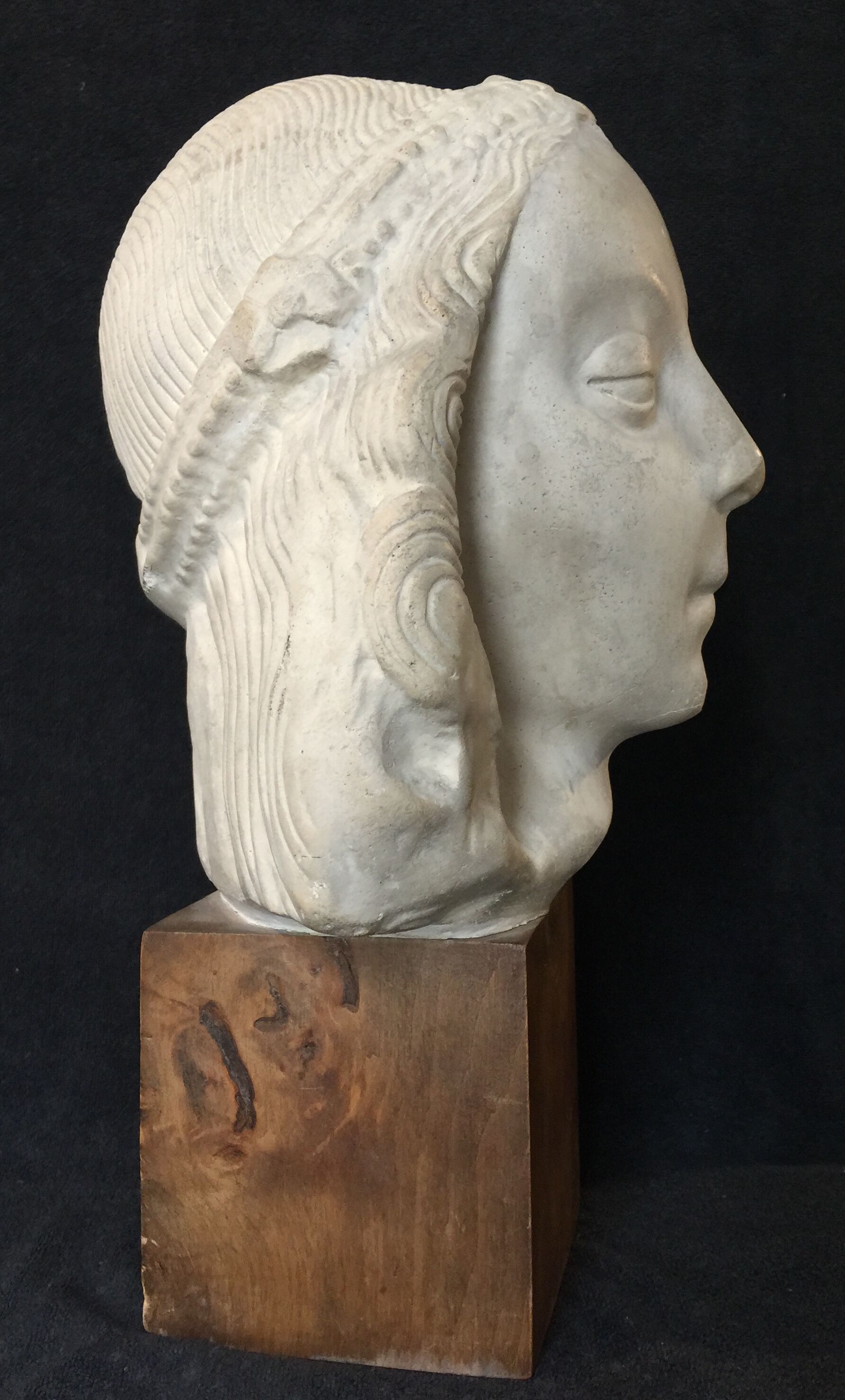 Bronze-middle-aged woman's head in plaster