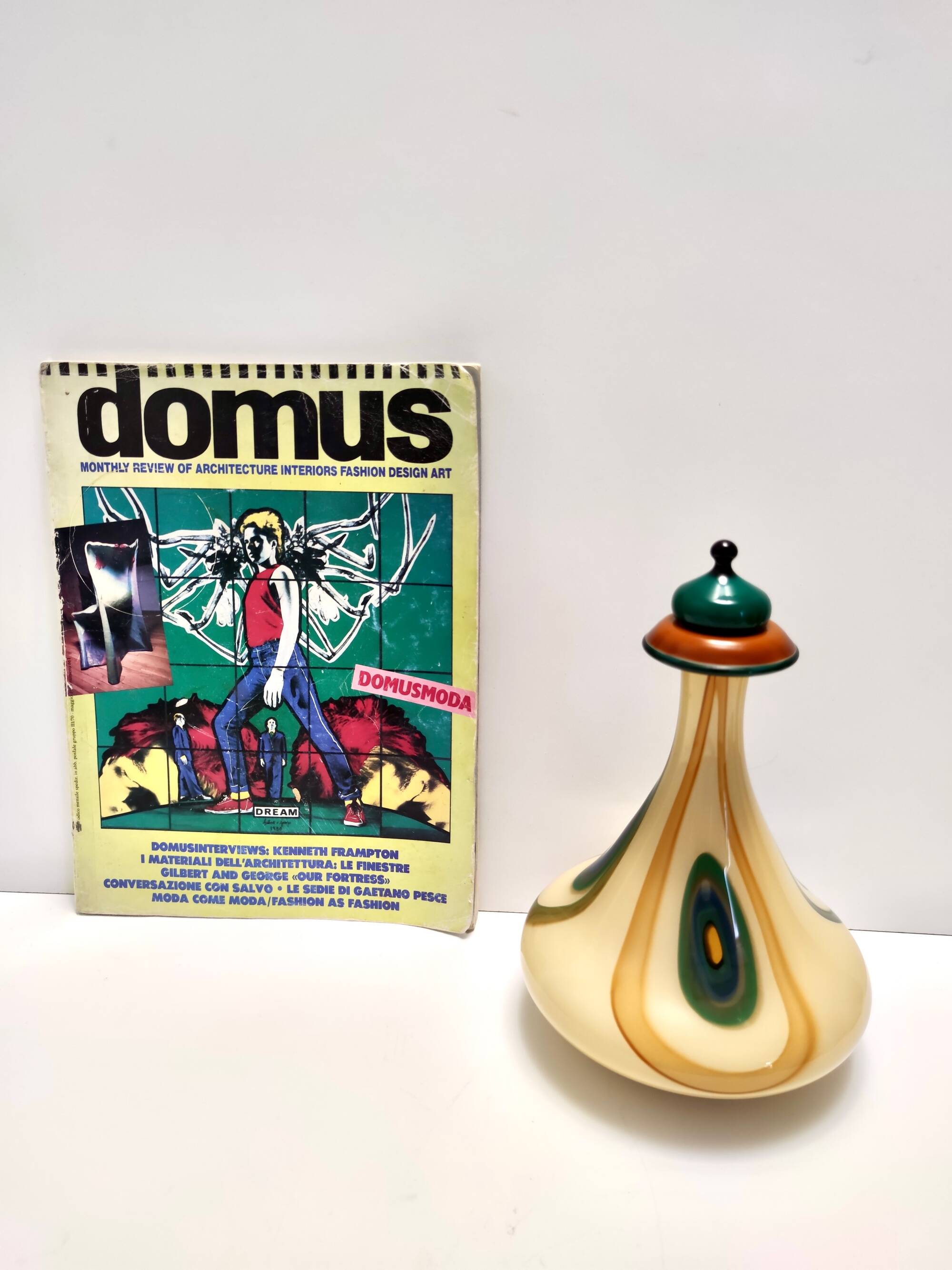 Beige Encased and Hand-blown Glass Decanter Bottle, Italy