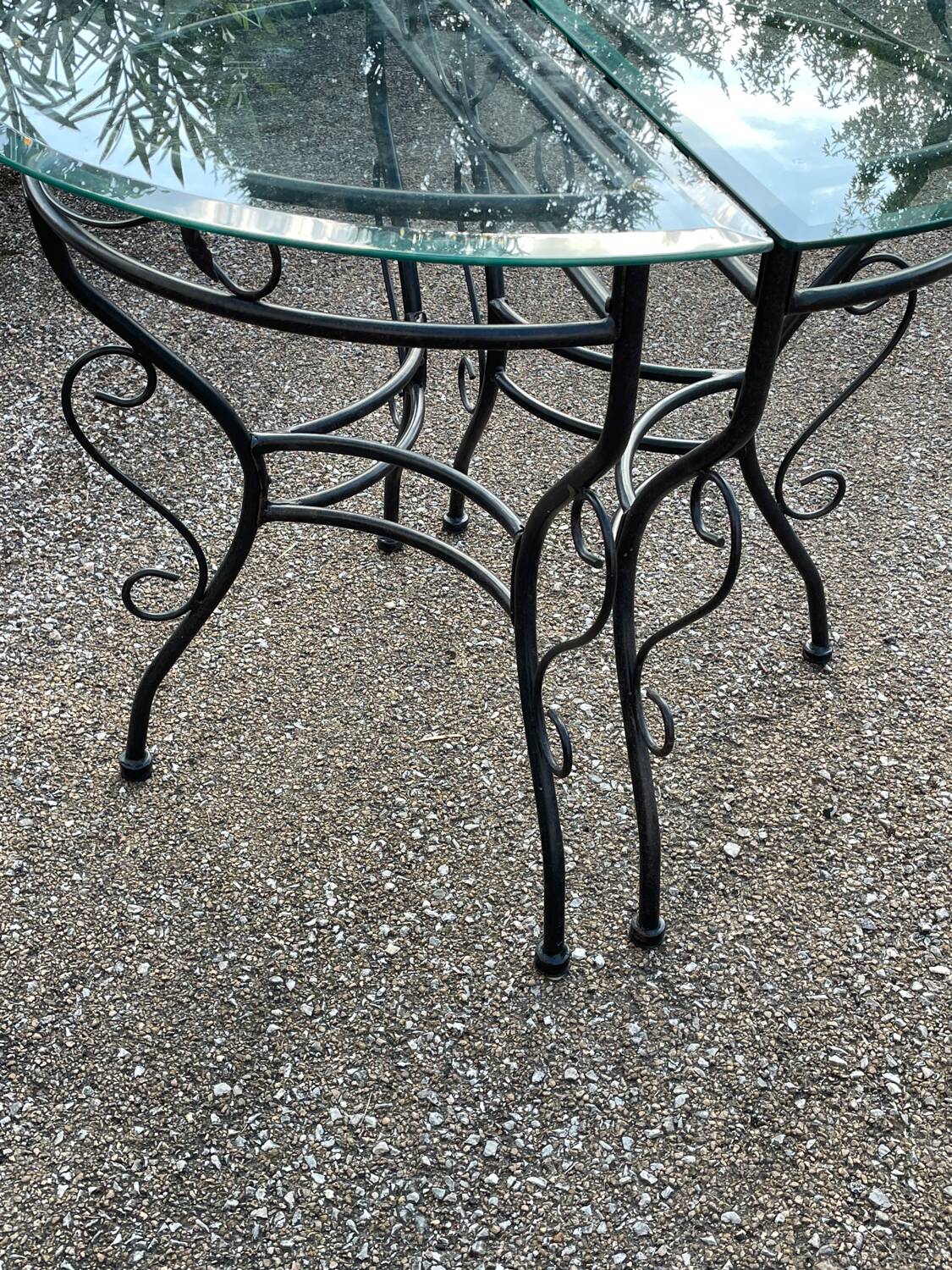 Glass and iron table with two side tables and 8 chairs