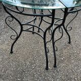 Glass and iron table with two side tables and 8 chairs