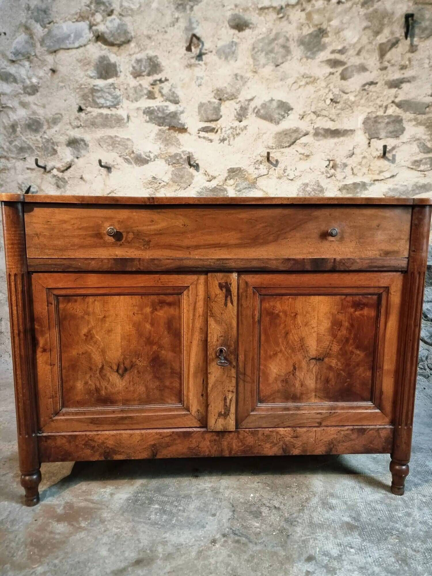 Antique French Walnut Sideboard - 19th Century Buffet with Drawer and Double Doors - Rustic Farmhouse Storage