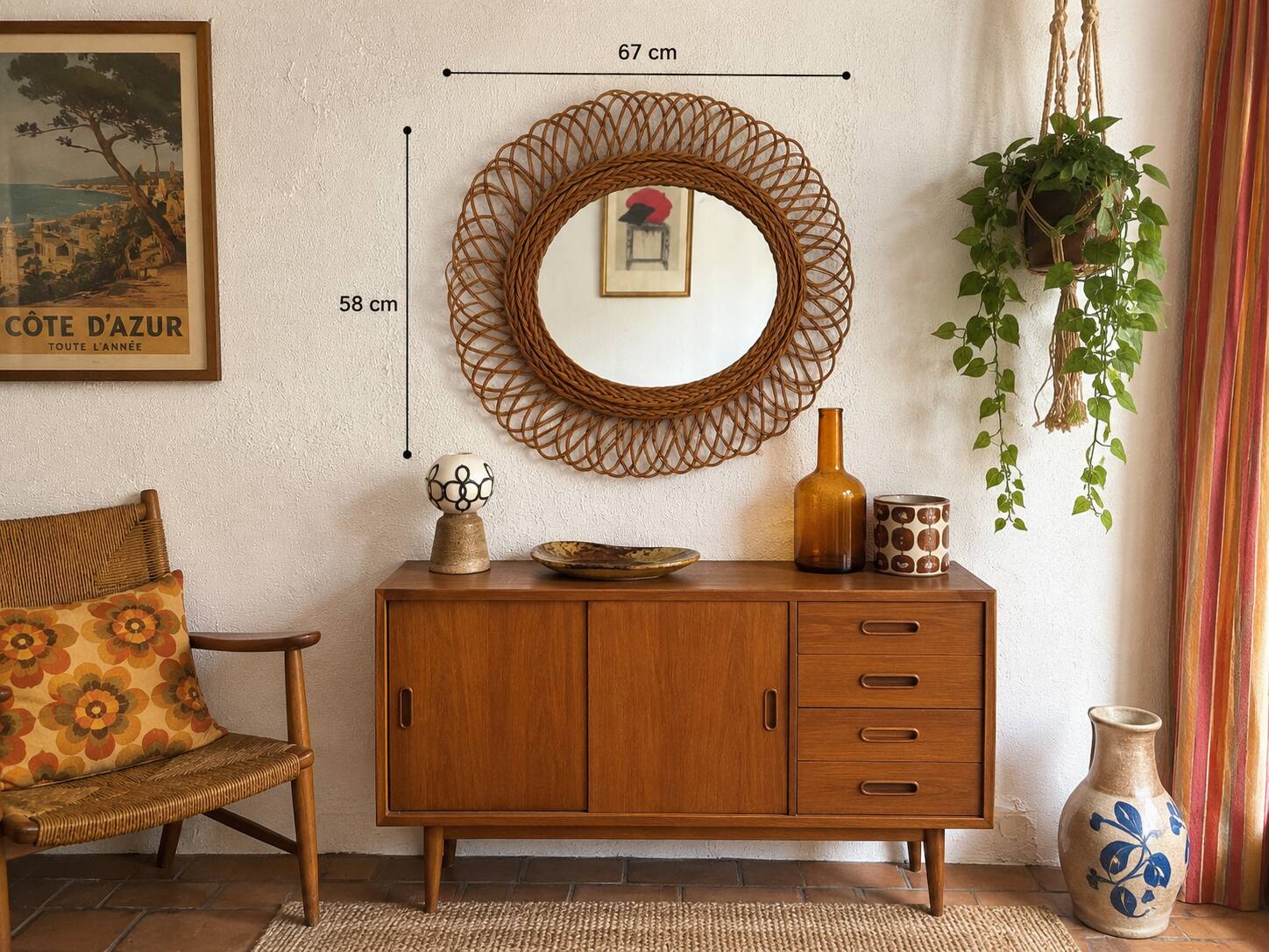 Vintage 1960 sun flower rattan wicker mirror - 68 x 58 cm