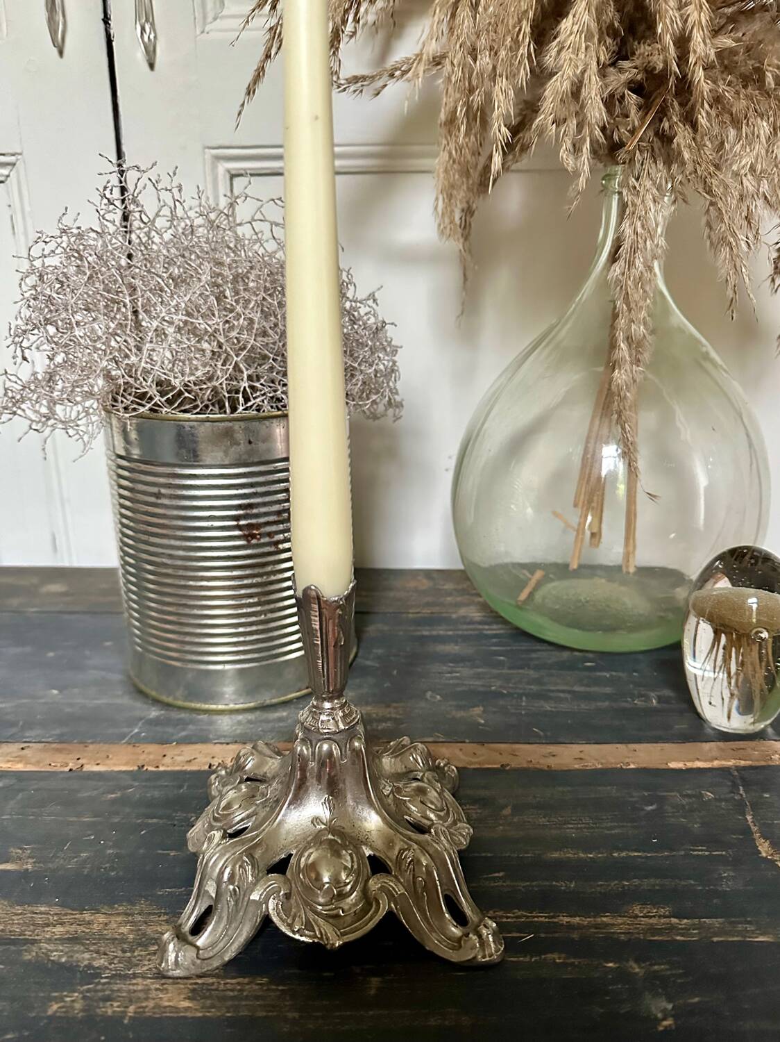 Silver metal candle holder