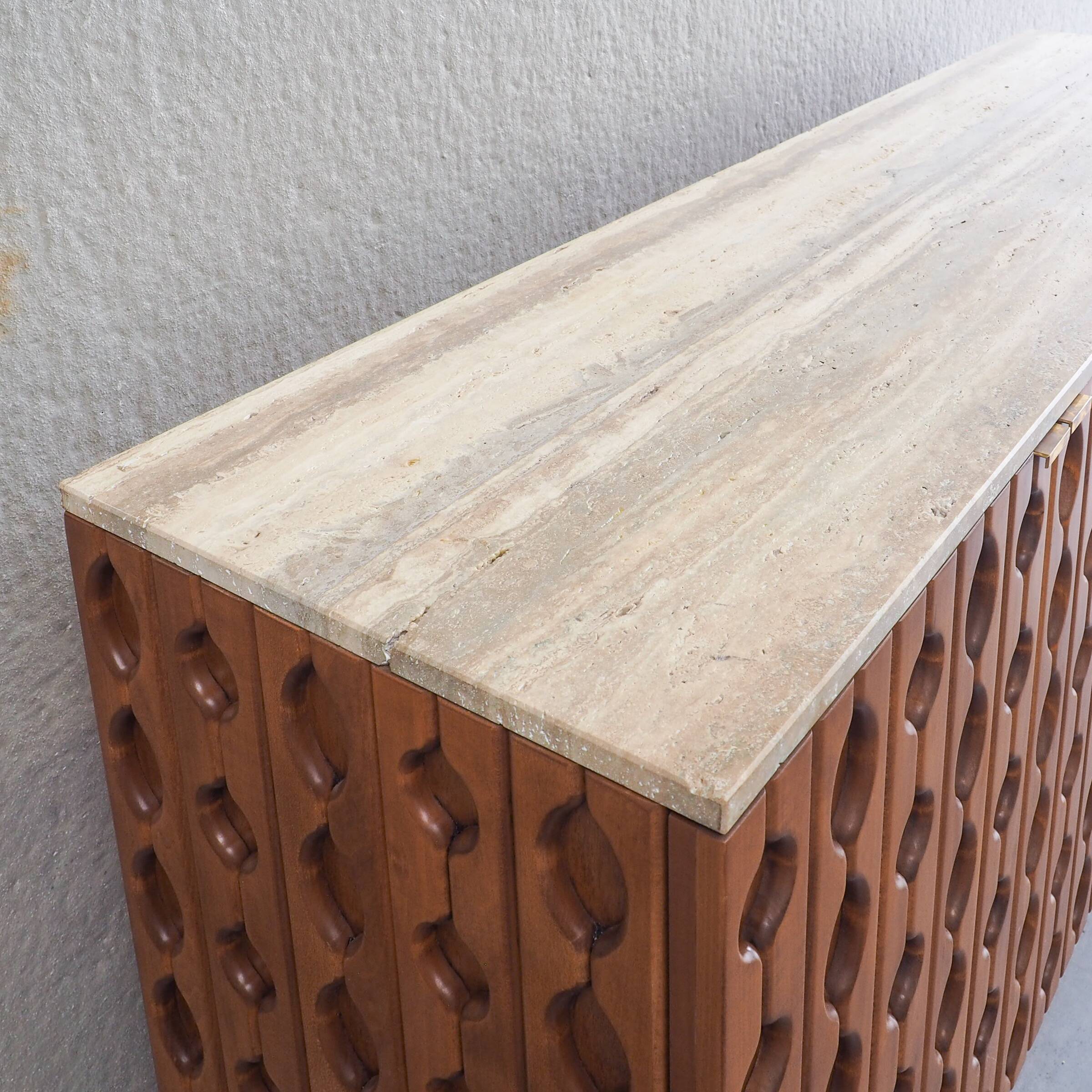 Contemporary Brutalist Carved Wood Sideboard With Travertine Top In review