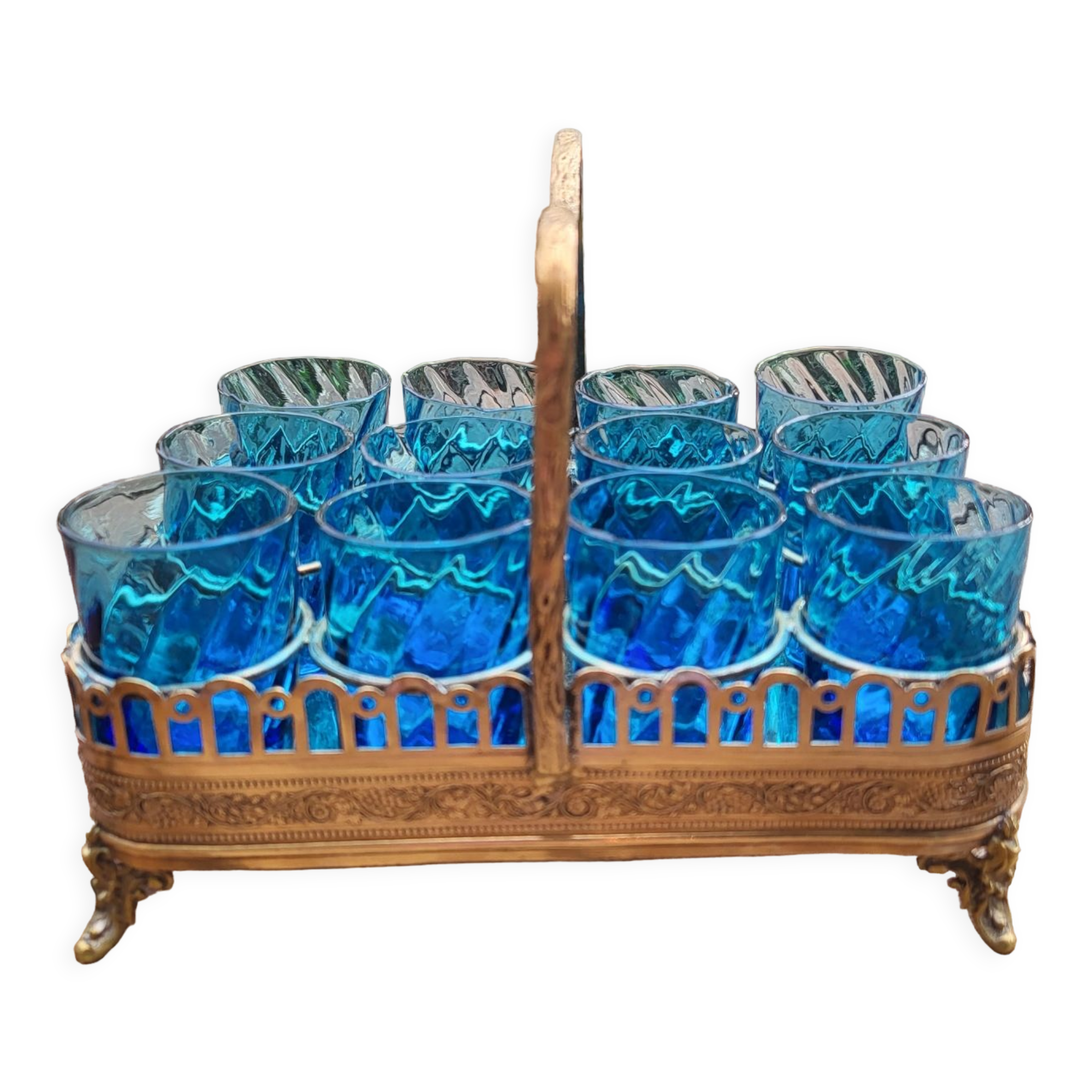 Blue shot glasses in baskets