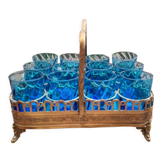 Blue shot glasses in baskets