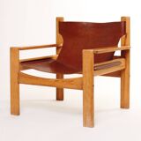1960s armchair tan saddle leather pine wood swedish