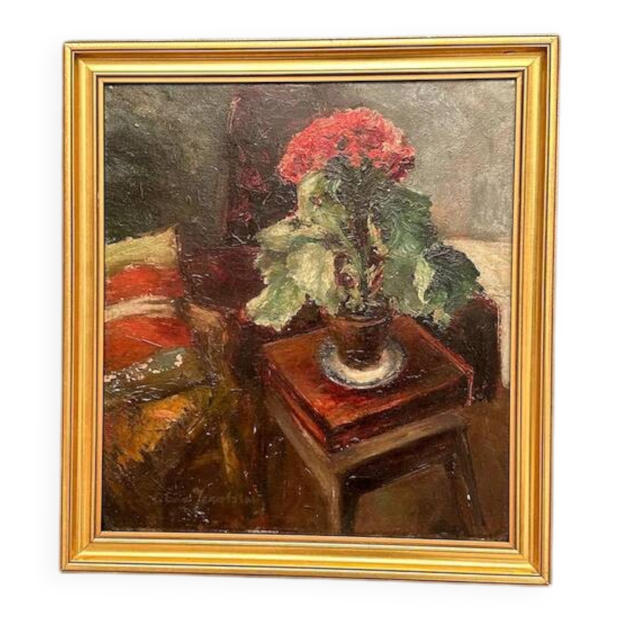 Original Swedish Oil on Panel - "Cineraria i Kruka" by Elna Jacobsson - Signed - Vintage and Framed - 48 × 43.5 cm (18.9" × 17.1")