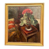 Huile sur panneau d'origine suédoise - "Cineraria i Kruka" par Elna Jacobsson - Signé - Vintage et encadré - 48 × 43,5 cm (18,9" × 17,1")