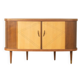 Cabinet de bar élégant des années 1950 avec compartiment rotatif et dos en miroir.