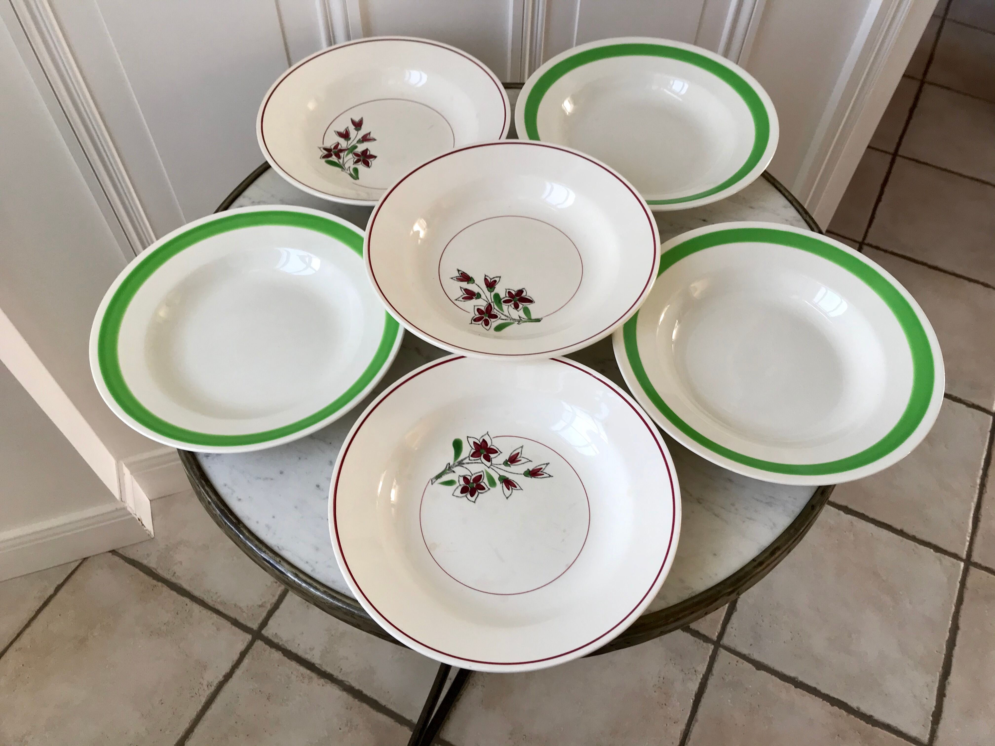 Set of 6 green and pink hollow plates Salins and Niderviller 40s