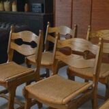 Set of 6 oak dining chairs with rush seat and 'Echelle' backrest in the style of Guillerme et Chambron 1950s