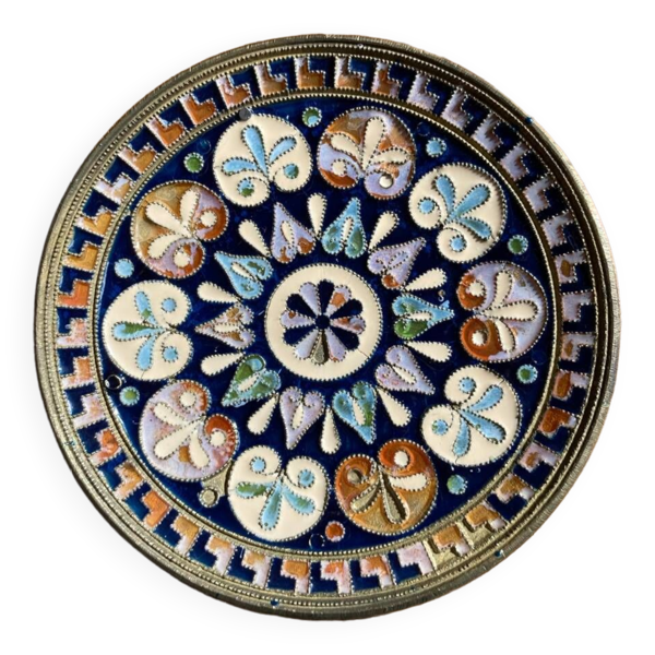 Coupelle Byzantine G. Halkides en émaux cloisonnés sur bronze & cuivre motifs en rosace