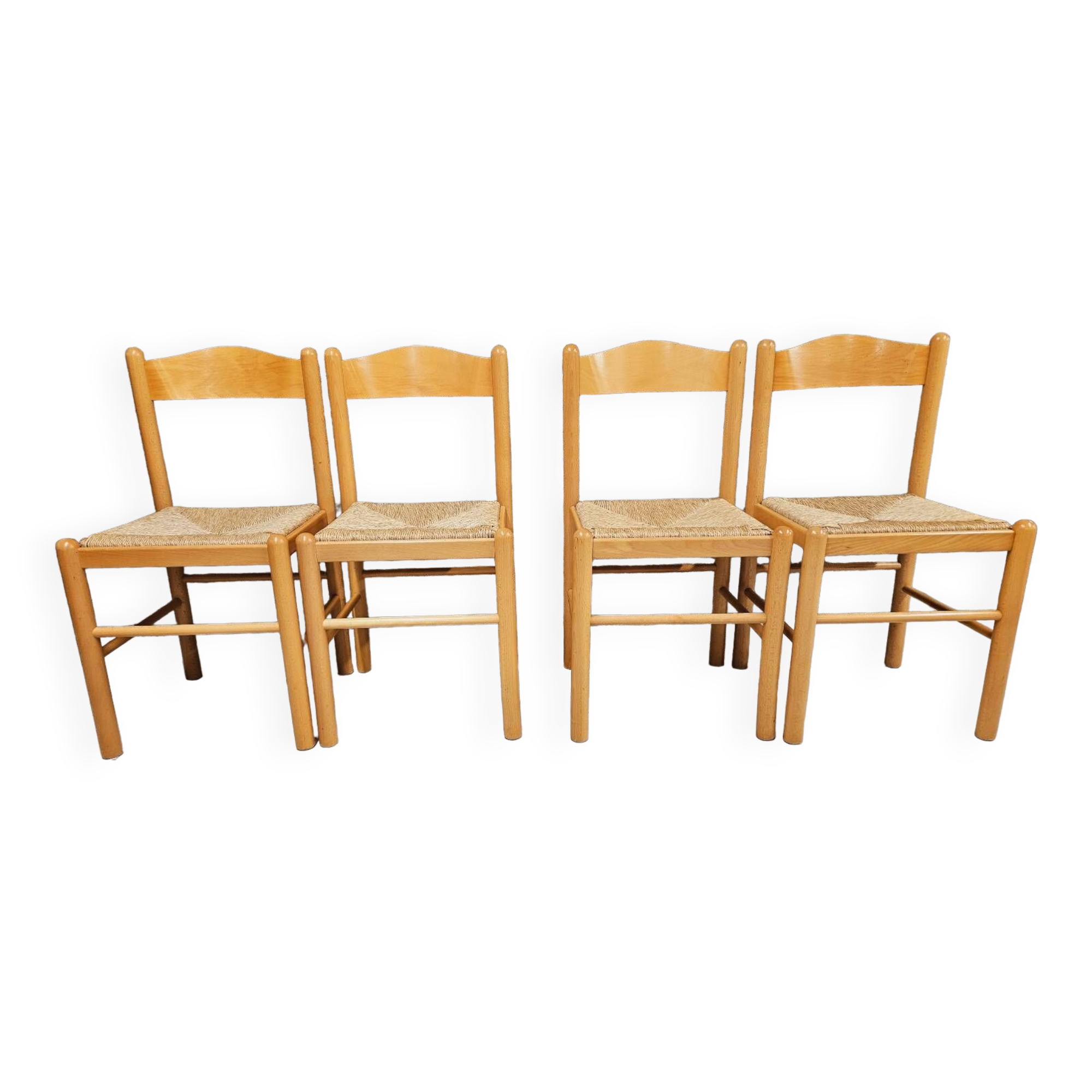 Set of 4 vintage pine and rush chairs