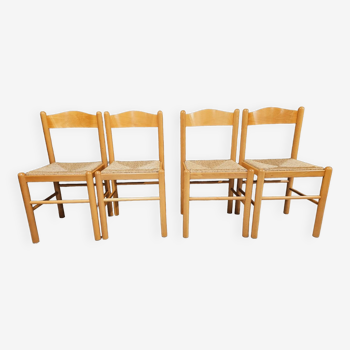 Set de 4 chaises en pin et jonc vintage