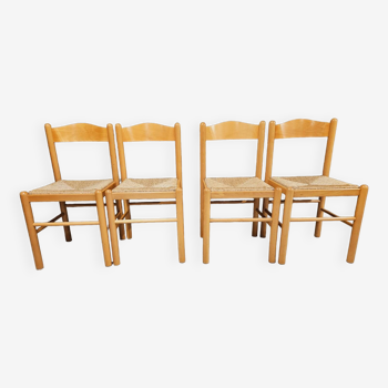 Set of 4 vintage pine and rush chairs