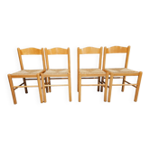 Set of 4 vintage pine and rush chairs