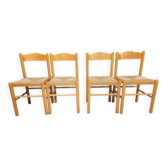 Set of 4 vintage pine and rush chairs