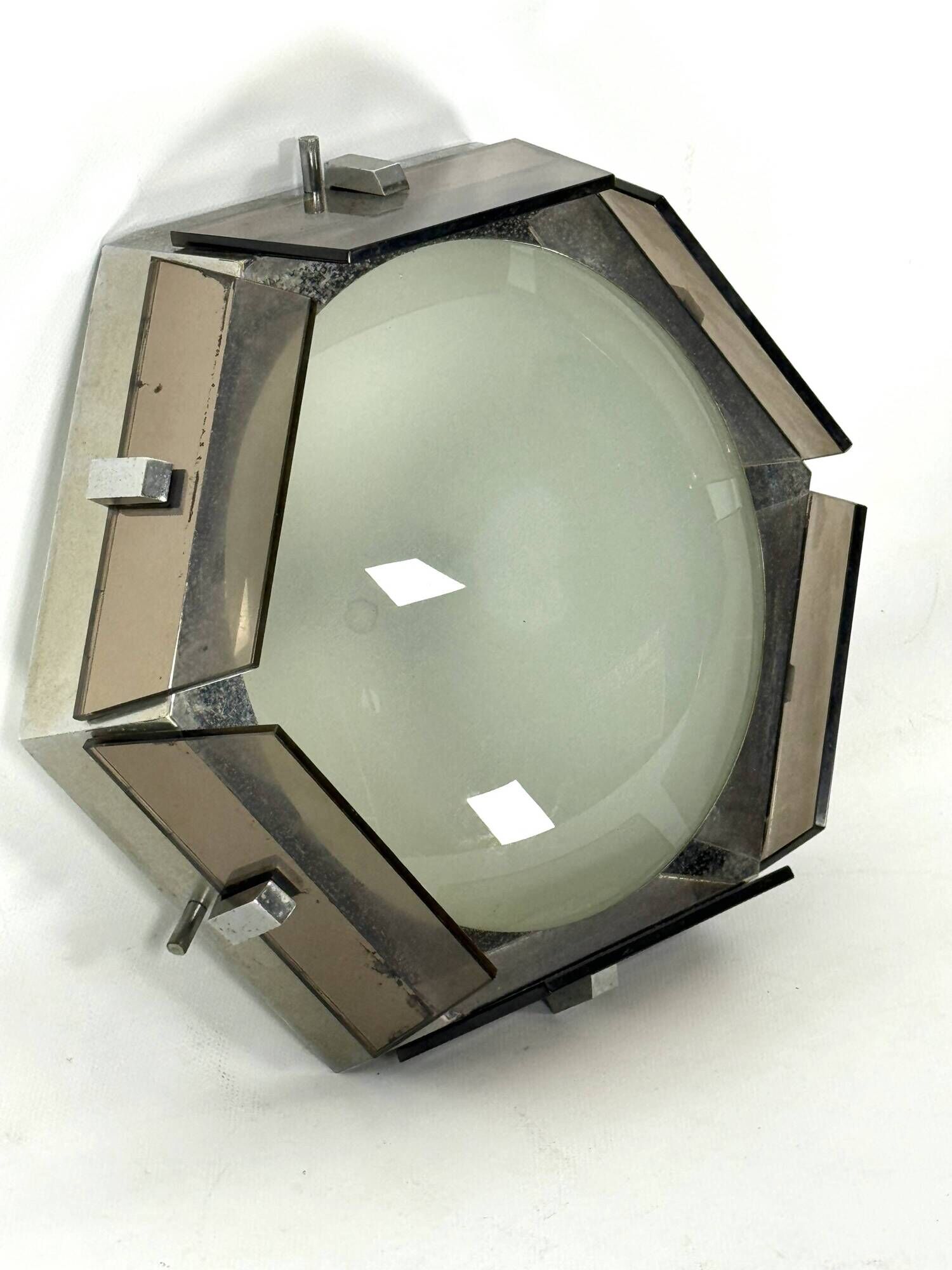 Veca, large exagonal ceiling lamp in glass and chrome. Italy 1970s